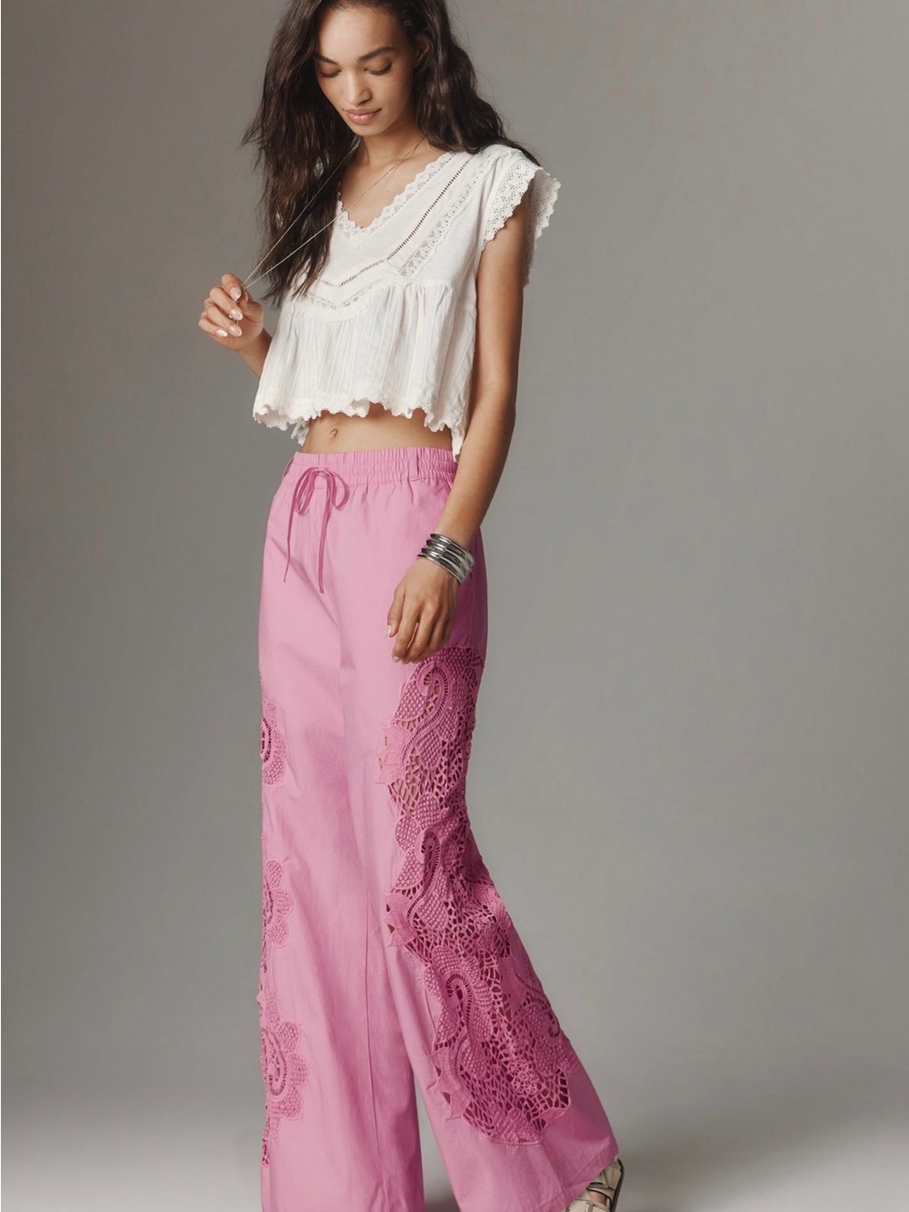 Maeve Pink Crochet-Panel Wide Leg Pants